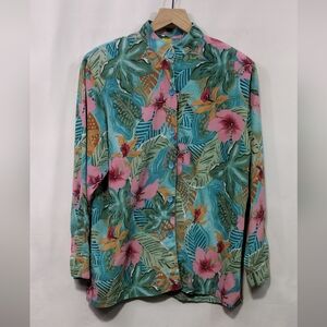 Sea Suns Made in U.S.A. Floral Button Shirt Womens XL Green Pink Tropical Retro